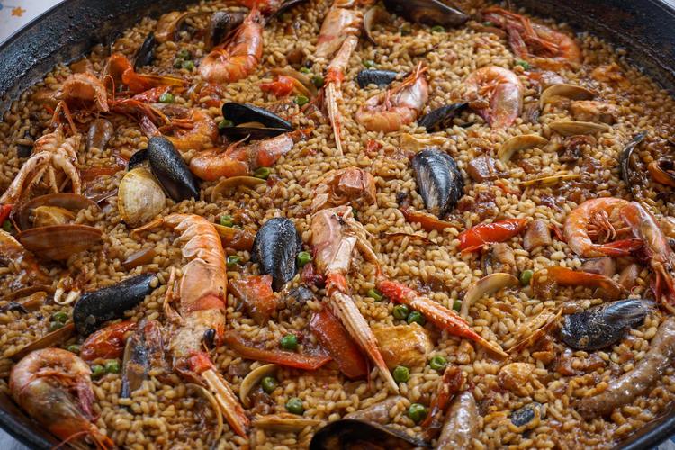 Seafood Paella with Clams, Shrimp, Crab and Peas
